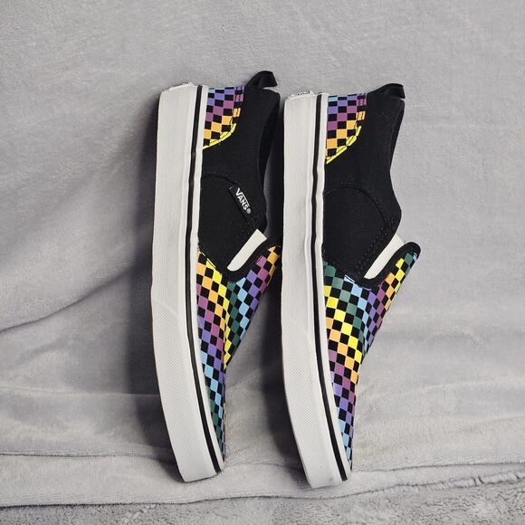 Vans Asher Slip-On Rainbow Checkerboard Unisex Kids Shoes | Youth Size 4 - Picture 3 of 9